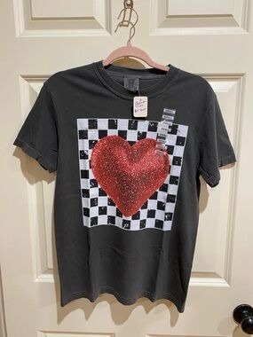 Comfort Colors Black Tee with Red Glitter Heart and Checkerboard